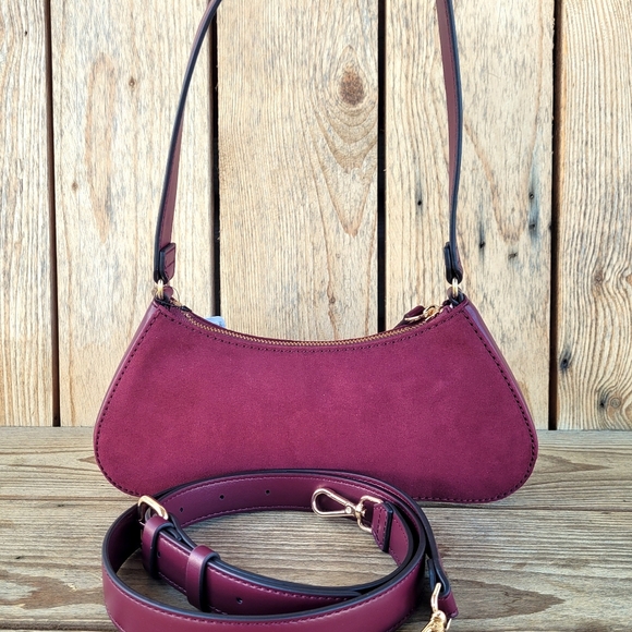 GUESS Suede Northlake Small Oxblood Tote With Crossbody Strap Handbag - Picture 6 of 8